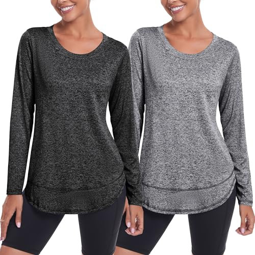 Deaviya Womens Long Sleeve Sports Tops UK, Sport Yoga T-Shirt Workout Running Tops, Crew Neck Quick Dry Golf Activewear Ladies Gym Sports Top, 3XL,Black+Grey
