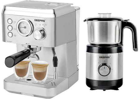 GEEPAS 1140W Espresso & Cappuccino Coffee Machine & 450W Coffee Grinder Combo Set | Milk Frother, 1.8L Water Tank | Wet & Dry Coffee Grinder Mill for Spices Chutney, 800ML Capacity, 2 Speed Pulse