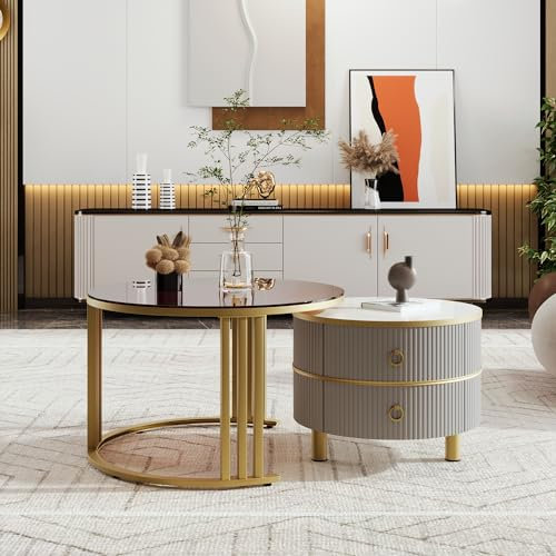 BTM Table Basse Ronde 2 en 1, Gris avec 2 tiroirs + Table Basse Verre avec Support en métal doré, 50 * 50 * 40 + 70 * 70 * 45cm