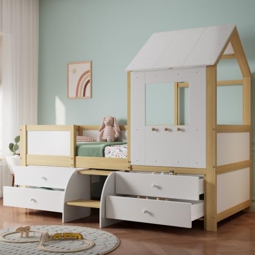 Merax Kinderbett Hausbett 90x200cm, halbhohes Bett für Kinder mit 4 Schubladen und kleine Treppe, Kleinkindbetten Bettgestell mit Rausfallschutz und Lattenrost, Niedlicher Baumhausbett, Weiß&Natur
