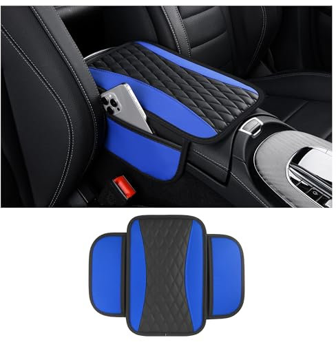 Auto VerbesserteArmlehnenbezug,Mikrofaser-Leder Auto Armlehnenabdeckung mit 2 Aufbewahrungstaschen,Universal Armlehnen Polster Auto Zubehör Innenraum für die Meisten Fahrzeuge (Blau)