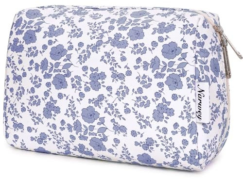 Grande Trousse à Maquillage zippée, Organiseur de cosmétiques de Voyage, pour Femme (Motif Petite Fleur Bleue Grise, Grand Format)