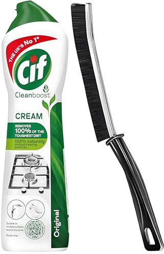 Cream Cleaner & Crevice Cleaning Brush Bundle | Cif Original Cream Cleaner 500ml for Tough Dirt Removal | Multi Surface Cleaner for Kitchens, Bathrooms & Floors | Amara Grout Brush for Deep Cleaning