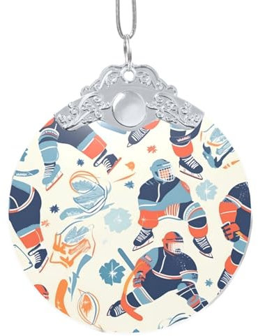 Hockey Elements Kreative Gemusterte Weihnachtsschmuck 2024 Silber Glas Rund Anhänger Weihnachtsbaum Ornamente Weihnachtsbaum Hängende Dekorationen Andenken Xmas Anhänger für Party Hochzeit Zuhause