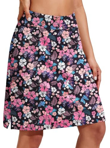 COOrun Damen Lauf Skort Hockey Rock Sommer Tennisrock Dunkelblau Tennisröcke Ohne Leggings Skort Wandern Yoga Rock Schwarzer Blumendruck,L