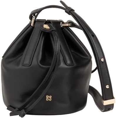 DUDU Kleine Damen Säckchen Tasche aus Echtem Leder mit Verstellbarem Umhängegurt und Kordelzugverschluss – Elegante und Kompakte Umhängetasche mit Schnur, Perfekt für den Alltag Schwarz Rose