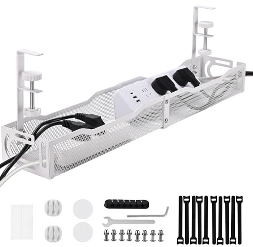 Kabelmanagement Schreibtisch, Metall Kabel Organizer Untertisch, Cable Tray ohne Bohren mit Klemme, für höhenverstellbaren Schreibtisch (Weiß - 64cm)