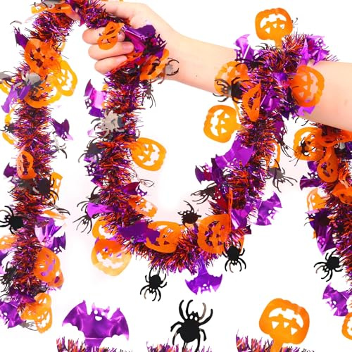 4 Stück Halloween Girlande 2m x 9cm - Gruselige Halloween Deko Girlande mit Kürbis, Fledermaus, Spinne - Glänzende Herbstdeko Zum Hängen Outdoor & Indoor für Party, Tür, Fenster & Treppe