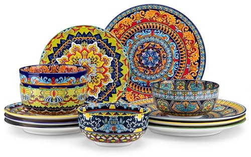 vancasso KRVI 12 Piece Dinnerware Set, Ceramic Plates and Bowls Set for 4, Bohemian Style Porcelain Dinner Set with Large Plates, Side Plates and Cereal Bowls