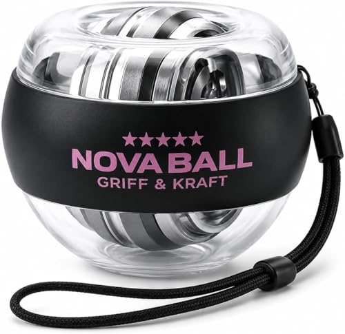 NOVA Gyroball Handtrainer Auto Start, PowerBall Handgelenktrainer mit Metallkern, gyroskopischer Unterarmtrainer für Griffkraft, Finger & Handgelenk, inkl. Handschlaufe, NOVA Ball Transparent