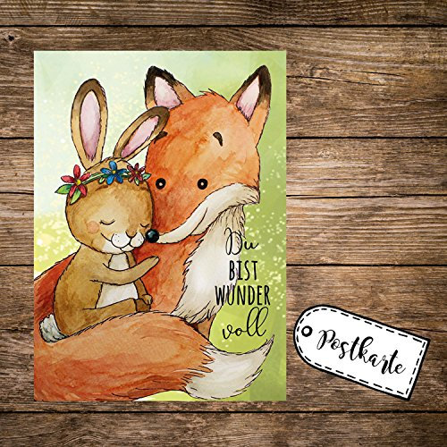 ilka parey wandtattoo-welt A6 Postkarte Print Fuchs & Hase Häschen mit Spruch Du bist wundervoll pk168