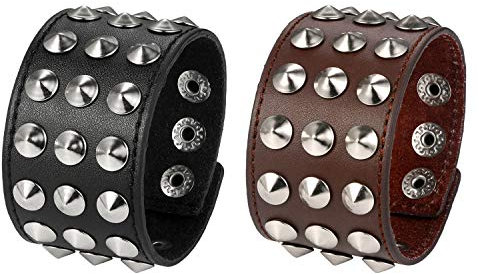 JewelryWe Schmuck 2pcs Herren Breit Lederarmband Punk Rock Ahle Taper Nieten Leder Armband Armreif Manschette Biker Armband Verstellbar Schwarz/Braun