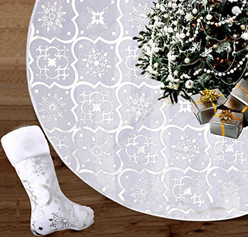 122cm Weihnachtsbaum Decke,Tannenbaum Decke mit weihnachtsstrumpf,Weihnachtsbaum Rock mit Schneeflockenmuster Christbaumdecke für Weihnachten, Urlaub, Party (Weiß)