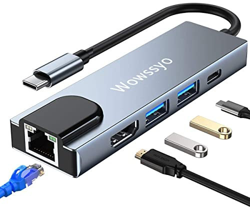 Wowssyo Hub USB C Ethernet LAN RJ45, Adaptador USB C Multipuerto 6 en 1, 4K HDTV, USB 3.0, PD 100W, Dock USB c para MacBook Pro/Air, iPad Pro/Air, Chromecast, Switch, DELL, PS4, Windows, Mobile etc