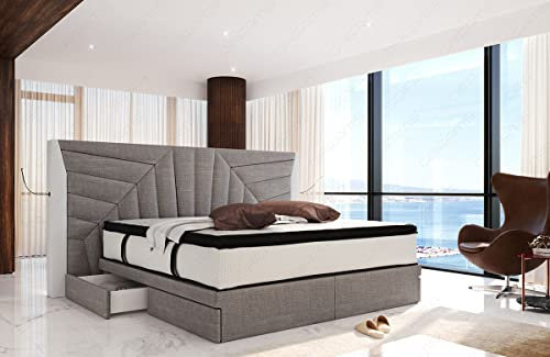 Sofa Dreams Boxspringbett Monaco in Strukturstoff Polsterbett mit Stauraum und LED Beleuchtung Kopfteil mit USB-Anschlüssen (180 x 200 cm, Grau-Weiss h3)