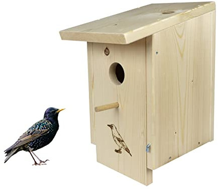 Premium Nistkasten (N46) Vogelhaus für Star - aus witterungsbeständigen 18mm starken Massivholz mit 45mm Einflugloch und Sitzstange von Welcher der Star Seine Familie füttert