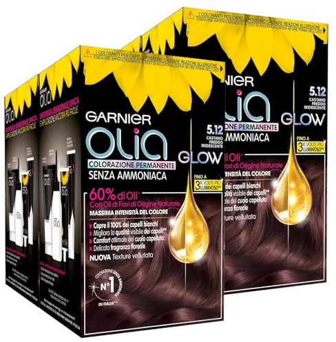 Garnier Olia Glow - Tinte permanente para el cabello, 5.12, castaño frío iridiscente, sin amoníaco, fragancia delicada, 4 tintes