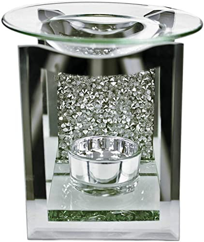 EagleWiz Diamante Crushed Jewel Tealight Wax Burner Silver With Mirror Crystal Glass Candle Tea light Holder