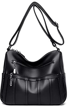 NICOLE & DORIS Sac à Bandoulière pour Femme Sac Porté épaule Vintage Sac à Main Multi Poches Sac Crossbody Grande Capacité Sac Besace en PU Cuir Noir