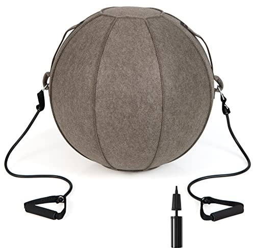 GYMAX Exercise Yoga Ball, 65cm Yoga Sitting Ball with Felt Cover, Resistance Bands & Pump, Anti-burst Balance & Stability Ball Chair for Pilates, Pregnancy & Physical Therapy (Brown)