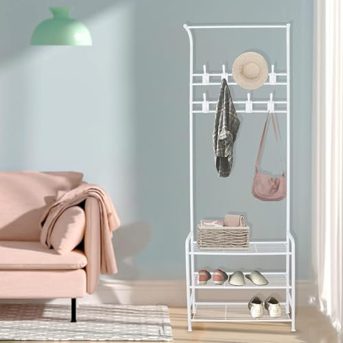 Innotic Porte Manteau, 3-en-1 Vestiaire Entrée, Meubles pour Entrée avec 3 Étagères à Chaussures et 16 Crochets, 182cm Porte-Manteau sur Pieds en Acier, Meuble Chaussure Entrée Couloir, Blanc