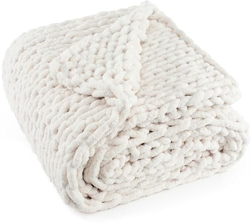 LONG CREATE Chunky Knit Throw Blanket 50X 60, 100% Handmade with Soft Chenille Yarn, 4.4lbs Thick Cable Knitted Blankets, Large Rope Knot Crochet Throws for Couch Sofa Bed Home Decor, Cream White