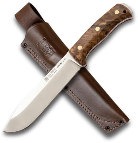 Joker Cuchillo de Supervivencia Nomad 6.5 CN137, mango Madera de nogal, hoja de 16,5 cms, funda piel mmaron, Herramienta de pesca, caza, camping y senderismo.