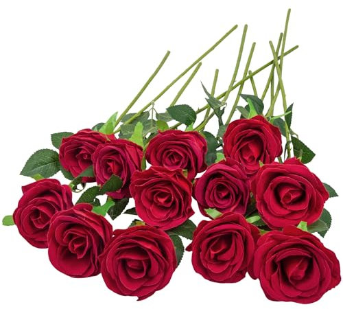 12 Pièces Texture Veloutée Fausses Fleurs Roses rouges, Bouquet Fleurs Artificielles Naturelles et Réelles, 19.29in Roses Artificielle pour Bouquets de Mariée, Home, Mariages, Décorations de Fête.