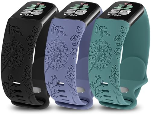 TOYOUTHS 3 Packs Floral Engraved Compatible with Fitbit Charge 5/Charge 6 Strap for Women, Soft Waterproof Silicone Sport Band with Cute Dandelion Flower Pattern, Black+Ice Blue+Green