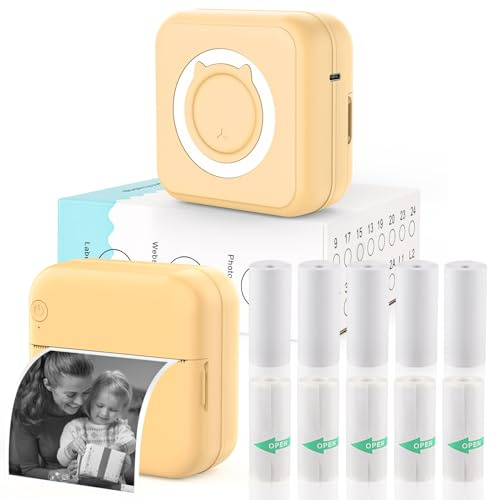 HUIJUTCHEN Mini impresora adhesiva – Mini impresora de bolsillo para impresora térmica de iPhone con 10 rollos de papel térmico para diario, notas, fotos, amarillo
