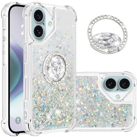 IMIRST Phone Case Compatible with iPhone 16 Plus (6.7'') Bling Liquid Glitter Diamond Ring Shell Shockproof Airbag Protective Cover Bumper Case for Apple iPhone 16 Plus. YBK Love Silver