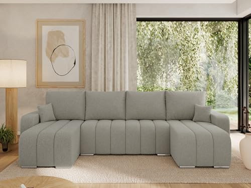 MKS MEBLE Sofa mit Schlaffunktion - Ecksofa mit Schlaffunktion und Bettkasten - Sofa 3 4 5 Sitzer - Schlafsofa - Couch - Schlafsofa mit Bettkasten - Kirasso U -Hellgrau Boucle