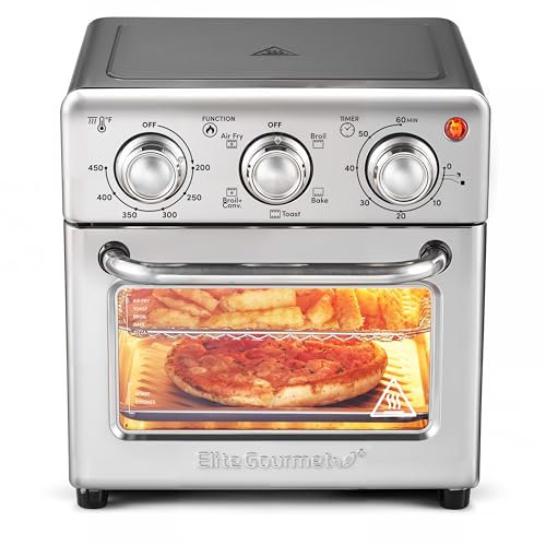 Elite Gourmet EAF0852SS 8.5Qt. Horno freidora de aire de capacidad, freír al aire, asar, tostar, hornear y asar con convección, controles de tiempo y temperatura, 800 vatios, incluye 25 deliciosas