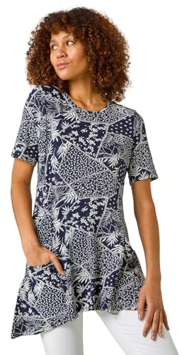 Roman Originals Swing Top with Pockets for Women UK Ladies Hanky Hem Asymmetric Tunic Blouse Longline Long Stretch Jersey Casual Round NeckTee Shirt T-Shirt - Navy Patchwork - Size 16