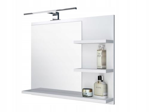 FreshYou Badspiegel mit 3 Ablagen Badezimmerspiegel Spiegel Regal Wandspiegel Hängespiegel Badmöbel Spiegel Flurspiegel für Schlafzimmer für Badezimmer Weiß 60X50 LED Lampe - Recht