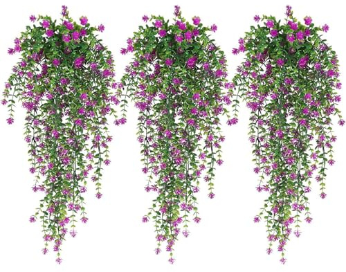 AQCQDQ 3 Stück Hängeblumen Künstlich, Künstliche Hängepflanzen Efeu, Künstlich Kunststoff Rattan Ranken, Künstliche Kamelien Blumen für Haus, Garten, Hochzeit Party Decor (Roter Lotus)
