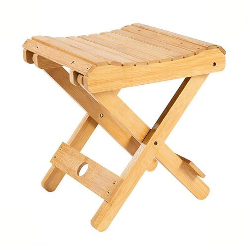 EVIYI Sgabello pieghevole in legno vintage, sedile portatile per doccia, design ad angolo curvo, piccole sedie pieghevoli per esterni, costruzione a doppia parete