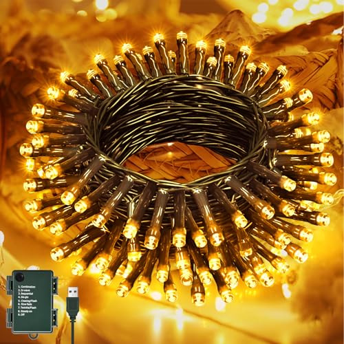 Lichterkette Batterie/USB Außen 5M 50 LED Warmweiß Lichterketten mit Timer | Warmweiß 8 Modi IP65 Wasserdicht Lichterkette Außen und Innen Weihnachtsbeleuchtung für Weihnachten, Garten, Party