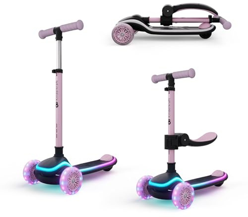 Kinderkraft RAKET UP 2-in-1 Scooter mit Sitz, LED Trittbrett, RGB Rollen, Klappbar, Leichtlaufrollen, Lenker 4-Fach Verstellbar, Ziehbar wie Koffer, Für Kinder, Rosa