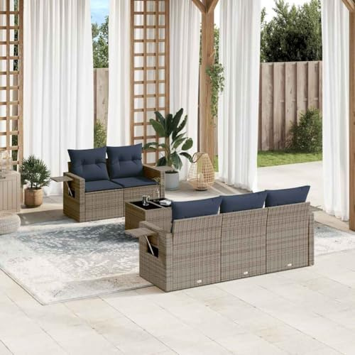Bucmath 6-teiliges Gartensofa-Set, Grau Polyrattan, mit Kissen, Gartentisch aus gehärtetem Glas, für Terrasse, Balkon, UV-beständig