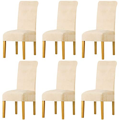 LANSHENG Stuhlhussen 6 Stück Elastische Moderne Beschützer Velvet Samt Stuhlhussen, Hochzeit Partys Bankett Deko, bi-Elastic Spannbezug, sehr pflegeleicht und langlebig Universal - Beige