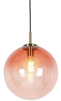 Qazqa - Art Deco Art Deco Hängelampe I Pendellampe I Pendelleuchte Messing mit rosa Glas 33 cm - Pallon I Wohnzimmer I Schlafzimmer - Kugel I Kugelförmig I Länglich - LED geeignet E27