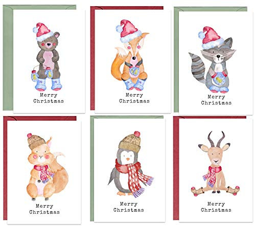48 recycelte, umweltfreundliche Weihnachtskarten mit niedlichen Tiermotiven.