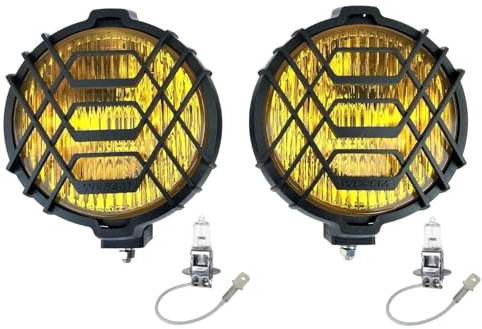MelTruck® 2x Gelb Rund H3 Halogen 12V 24V Nebelscheinwerfer mit Schutzgitter mit Glühbirnen 12V