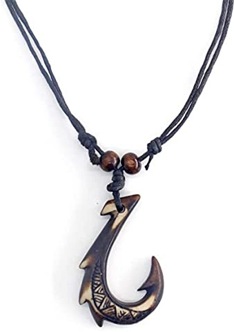 Pingyongchang H&Z Hawaiian Fish Hook Pendant Hemp Cord Adjustable Chain - Maori Tribal Necklace