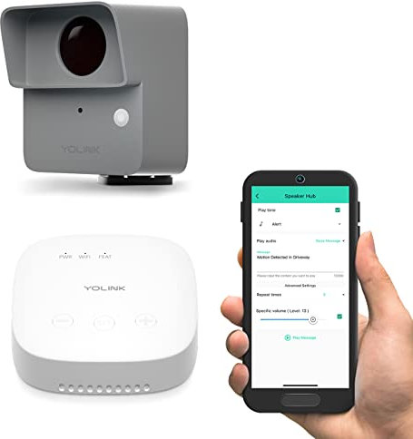 YoLink SpeakerHub & Outdoor Motion Sensor Smart Home and Security Kit, Driveway Alert – Audio Hub Plays Tones/Sounds, Spoken Messages, LoRa-Powered ¼ Mile Range, WiFi Required
