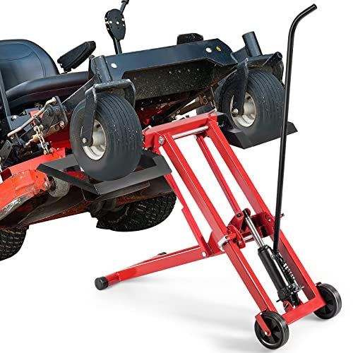 TANGZON Folding Lawn Mower Jack Lift, Height Adjustable Lifting Device with Wheels, Telescopic Maintenance Jack for Ride-on Lawnmowers and Garden Tractors