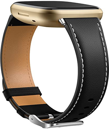 Dirrelo Echtes Leder Armband Kompatibel Mit Fitbit Versa 3/4/Sense/Sense 2 für Damen Herren, Lederband Ersatzband, Schwarz