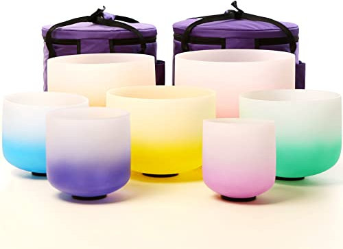 Leize Chakra Tuned 432hz Set of 7 Gradient Color Quartz Crystal Singing Bowls 6-12 inch with Heavy Duty Carrying Cases and Singing Bowl Mallets