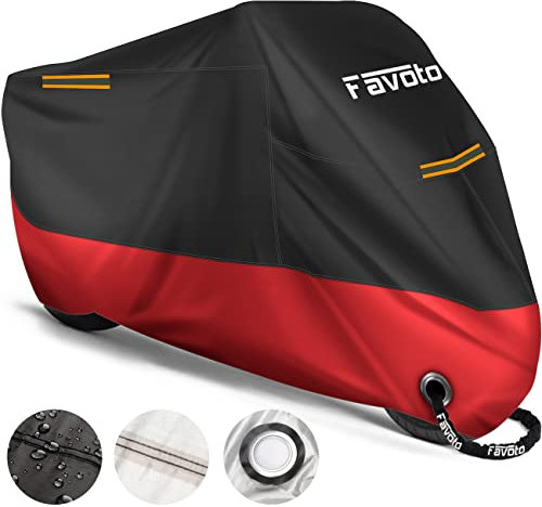 Favoto Housse de Protection Imperméable pour Moto Couverture 210D avec Bande Réfléchissante Résistant aux Poussière Pluie Neige UV Vent Soleil Déjections d'oiseaux, 295x105x125cm Noir+Rouge